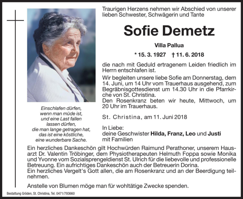  Traueranzeige für Sofie Demetz vom 13.06.2018 aus Dolomiten