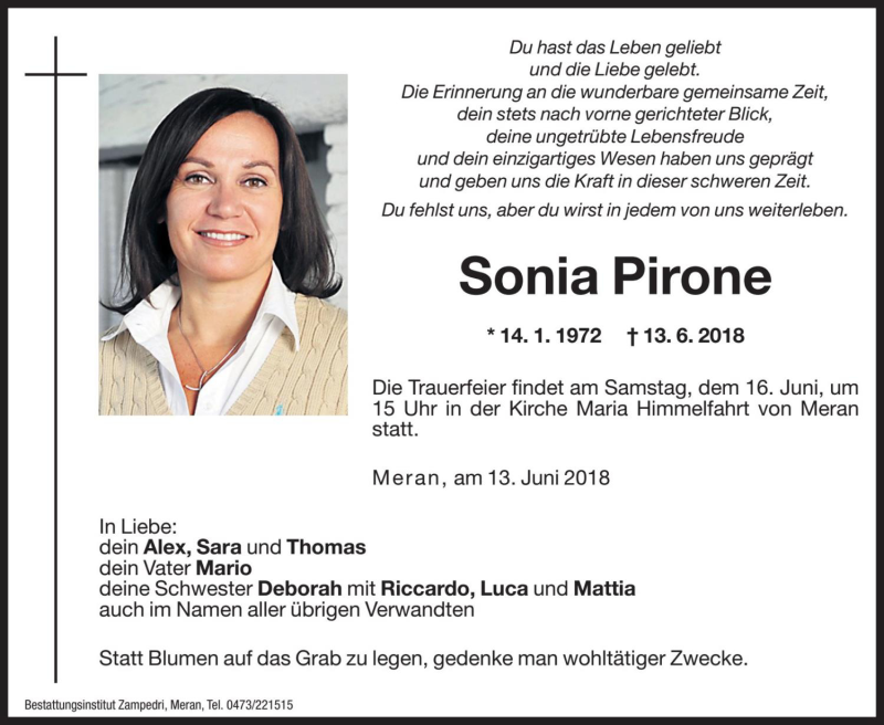  Traueranzeige für Sonia Pirone vom 14.06.2018 aus Dolomiten