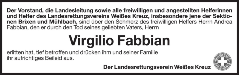  Traueranzeige für Virgilio Fabbian vom 19.06.2018 aus Dolomiten