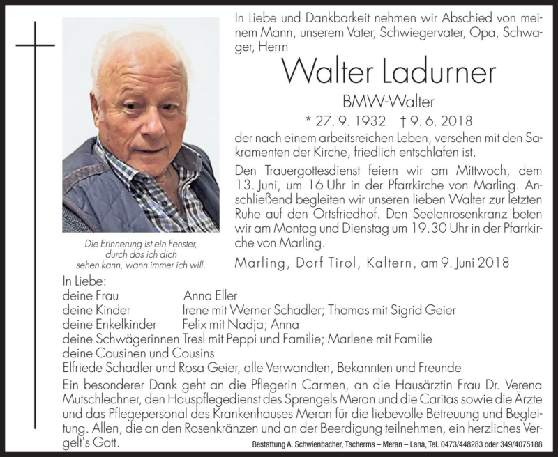  Traueranzeige für Walter Ladurner vom 11.06.2018 aus Dolomiten