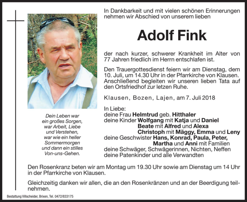 Traueranzeige für Adolf Fink vom 09.07.2018 aus Dolomiten