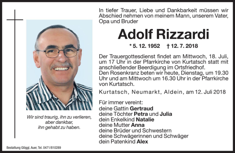  Traueranzeige für Adolf Rizzardi vom 17.07.2018 aus Dolomiten