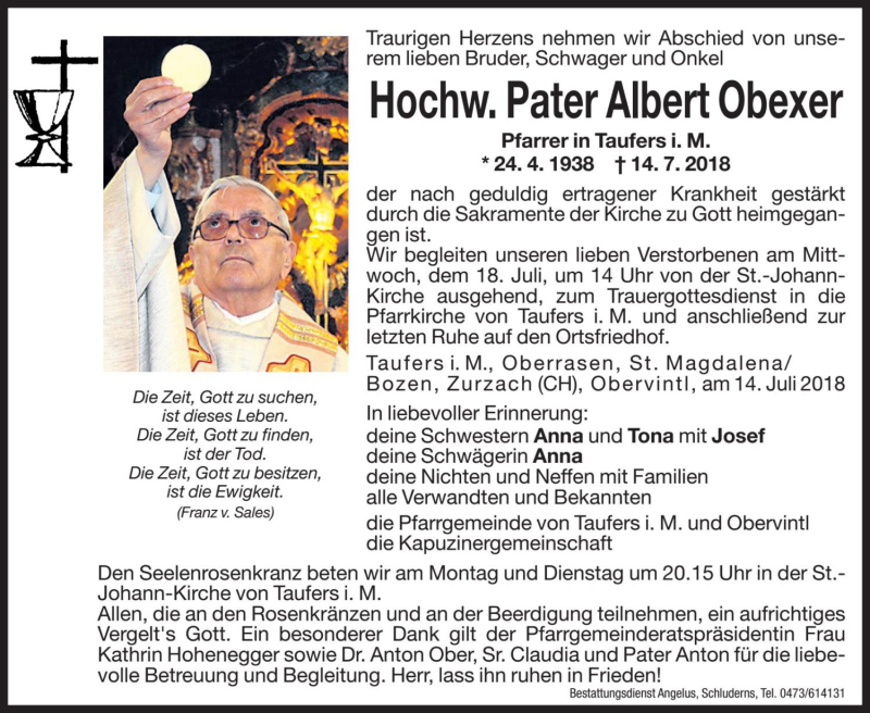  Traueranzeige für Albert Obexer vom 16.07.2018 aus Dolomiten