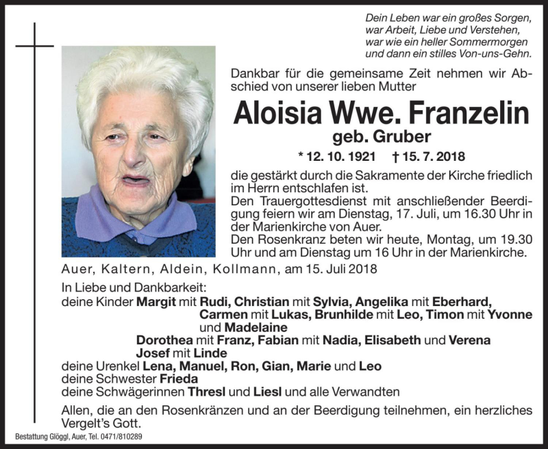  Traueranzeige für Aloisia Franzelin vom 16.07.2018 aus Dolomiten