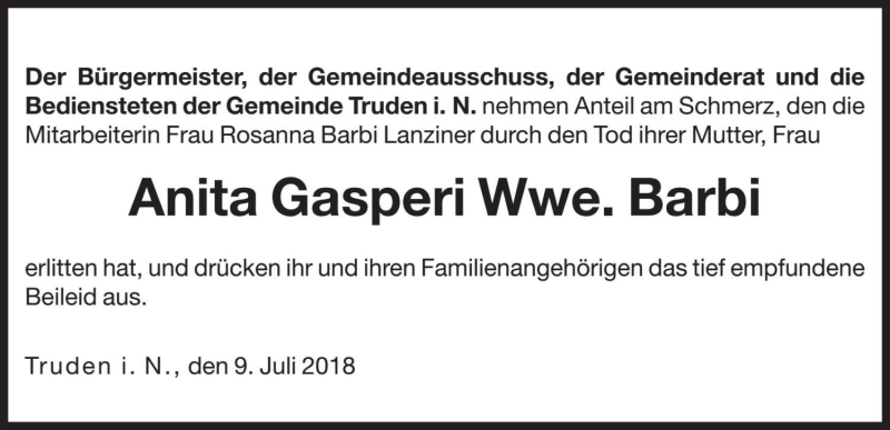  Traueranzeige für Anita Barbi vom 10.07.2018 aus Dolomiten