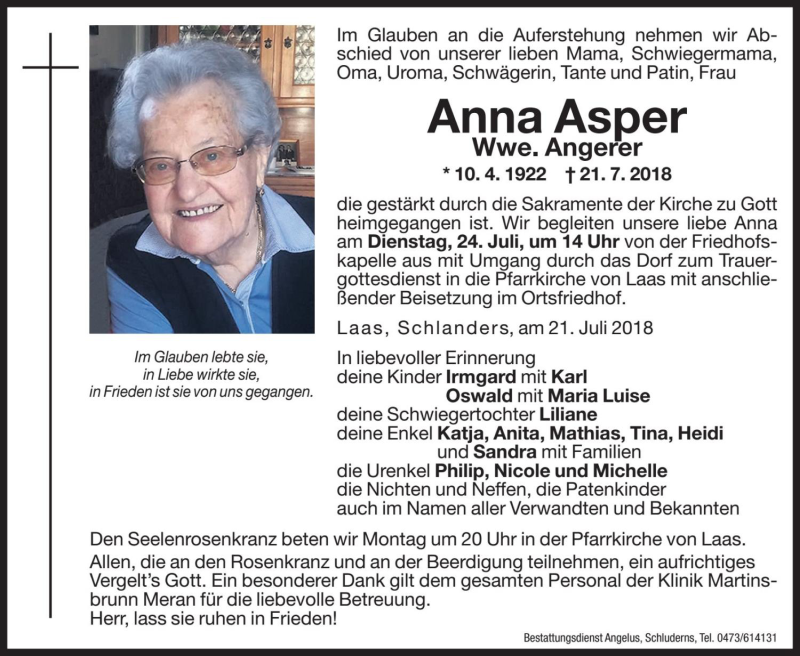  Traueranzeige für Anna Angerer vom 23.07.2018 aus Dolomiten