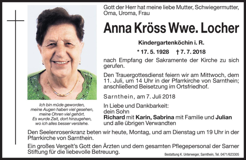  Traueranzeige für Anna Locher vom 09.07.2018 aus Dolomiten