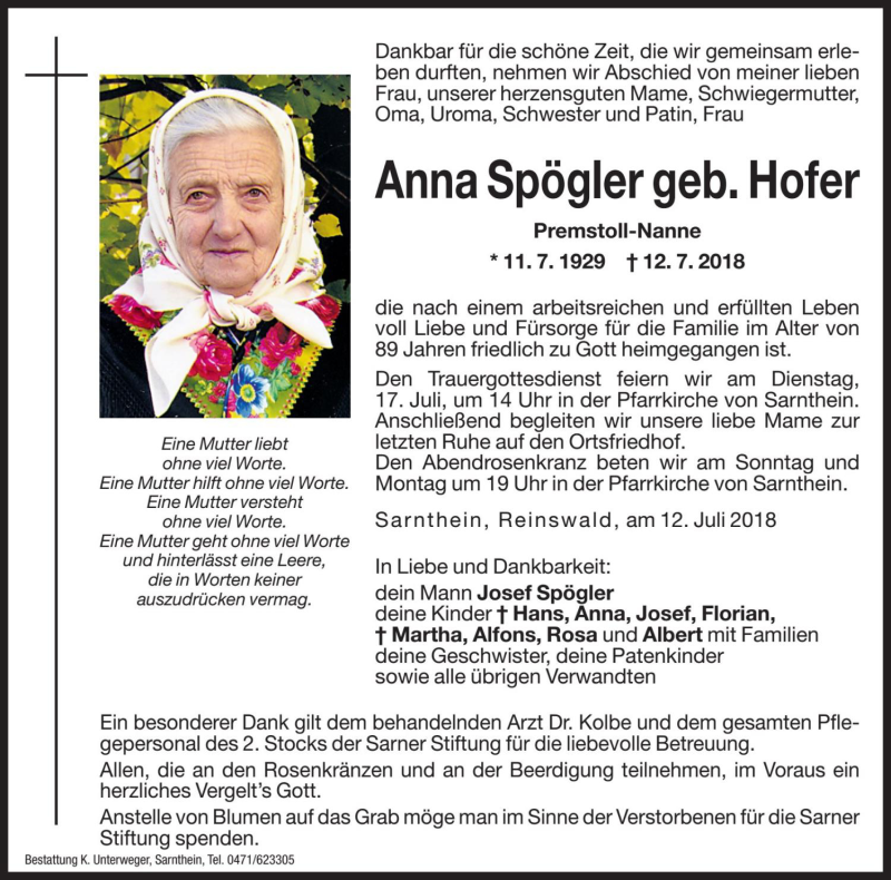  Traueranzeige für Anna Spögler vom 14.07.2018 aus Dolomiten