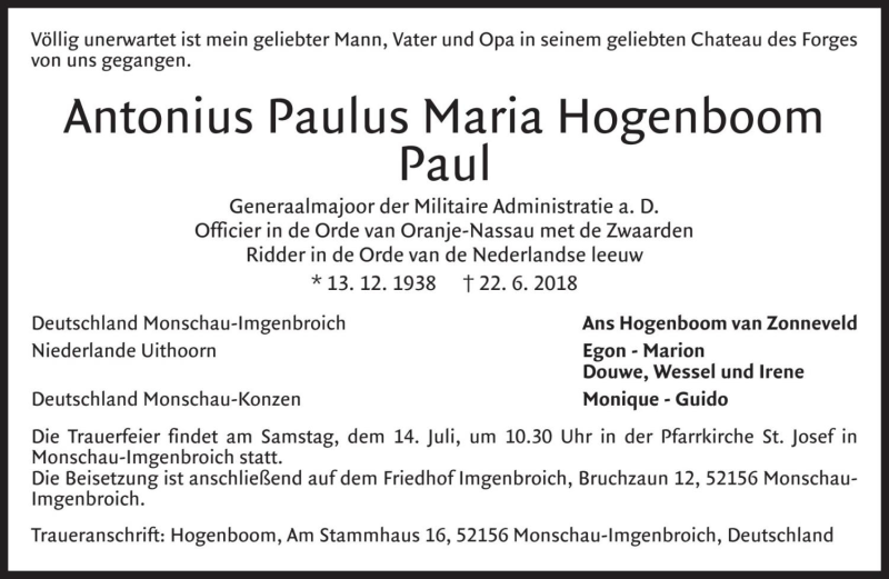  Traueranzeige für Antonius Paulus Maria Hogenboom vom 07.07.2018 aus Dolomiten