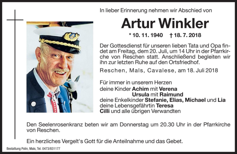  Traueranzeige für Artur Winkler vom 19.07.2018 aus Dolomiten