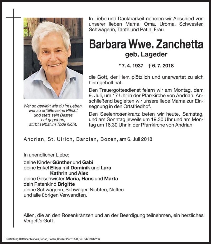  Traueranzeige für Barbara Zanchetta vom 07.07.2018 aus Dolomiten