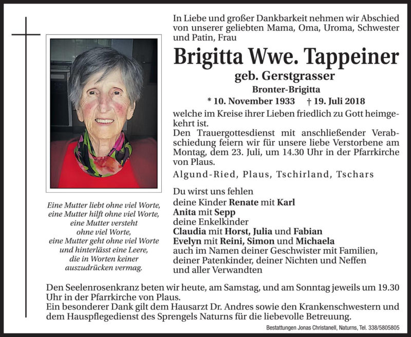  Traueranzeige für Brigitta Tappeiner vom 21.07.2018 aus Dolomiten