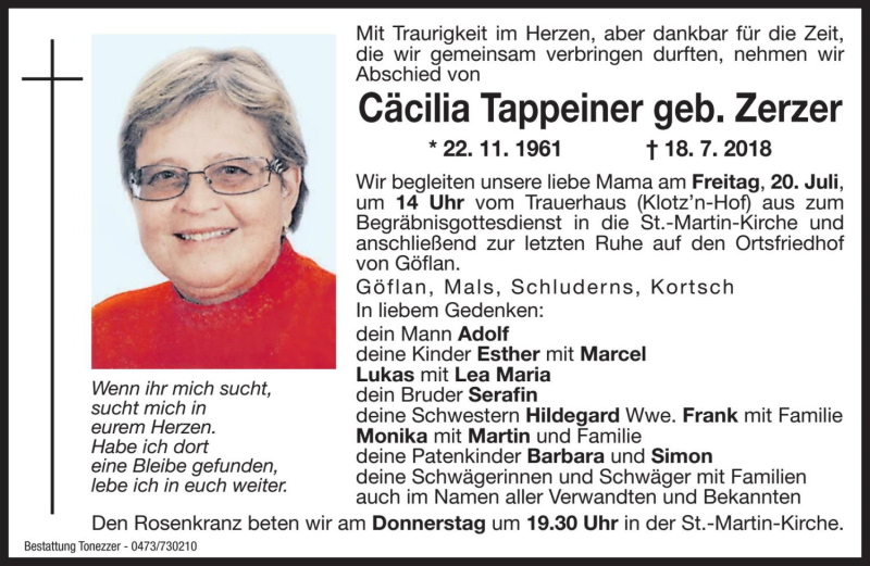  Traueranzeige für Cäcilia Tappeiner vom 19.07.2018 aus Dolomiten