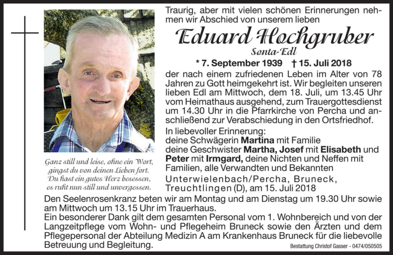  Traueranzeige für Eduard Hochgruber vom 16.07.2018 aus Dolomiten
