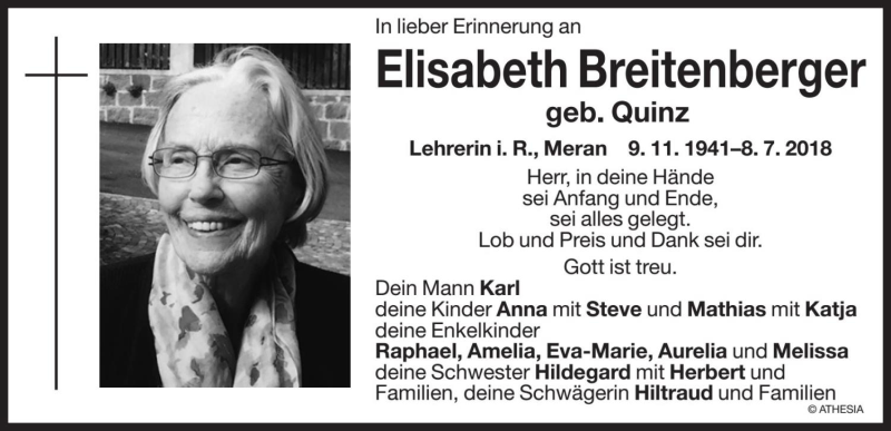  Traueranzeige für Elisabeth Breitenberger vom 09.07.2018 aus Dolomiten