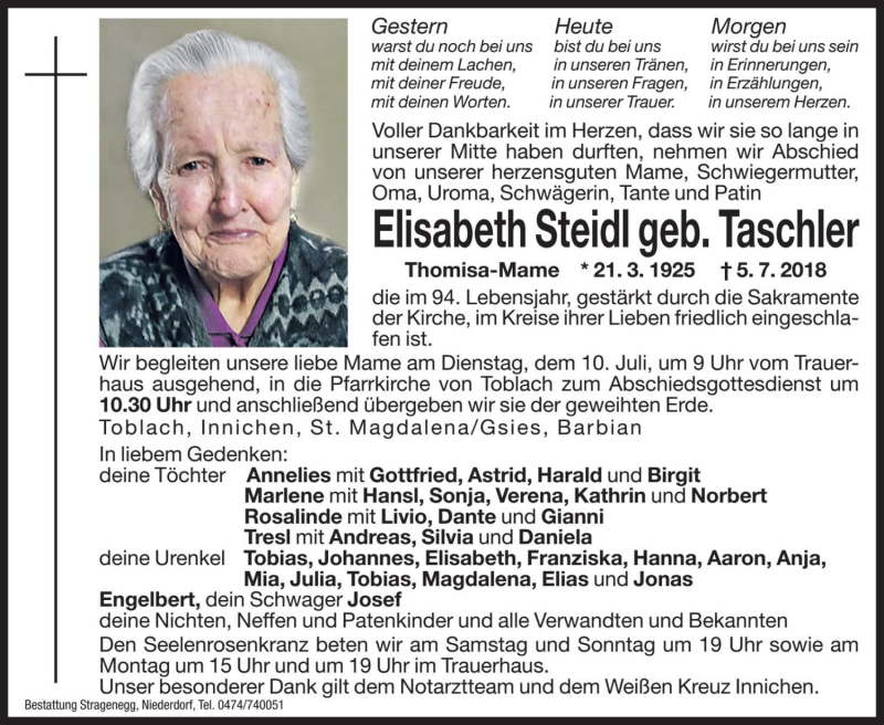  Traueranzeige für Elisabeth Steidl vom 07.07.2018 aus Dolomiten