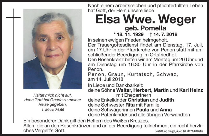  Traueranzeige für Elsa Weger vom 16.07.2018 aus Dolomiten