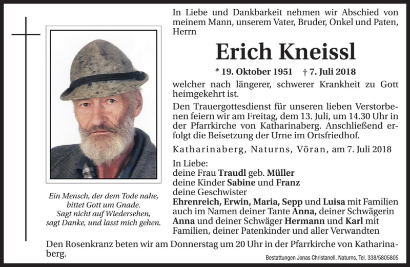  Traueranzeige für Erich Kneissl vom 11.07.2018 aus Dolomiten
