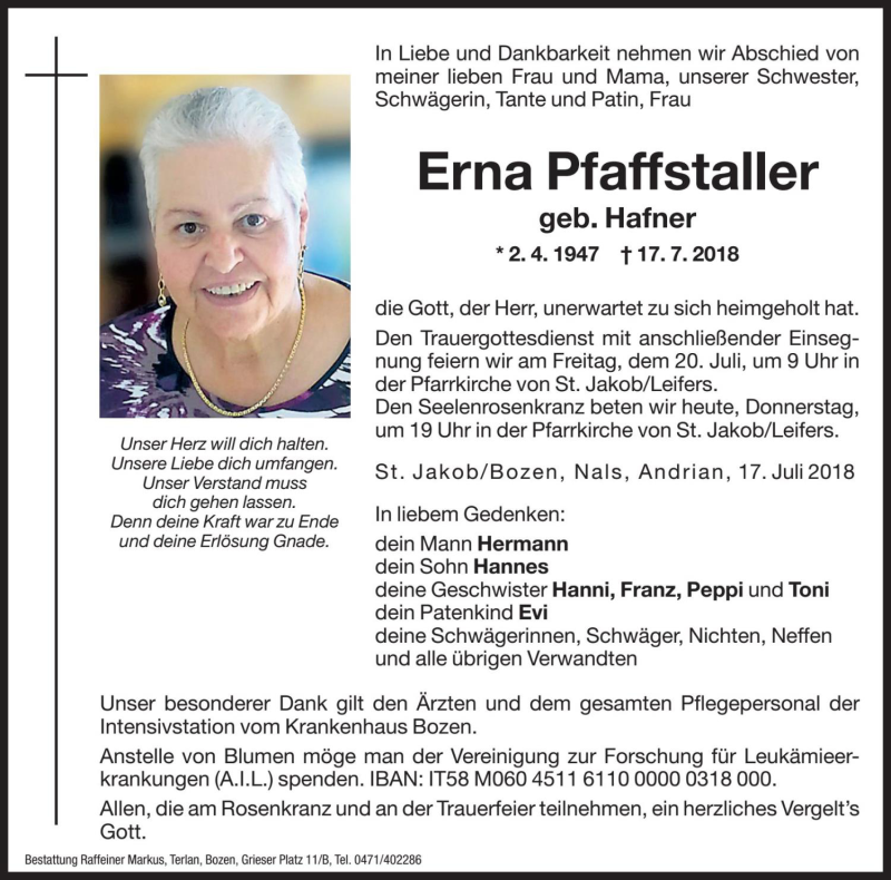  Traueranzeige für Erna Pfaffstaller vom 19.07.2018 aus Dolomiten