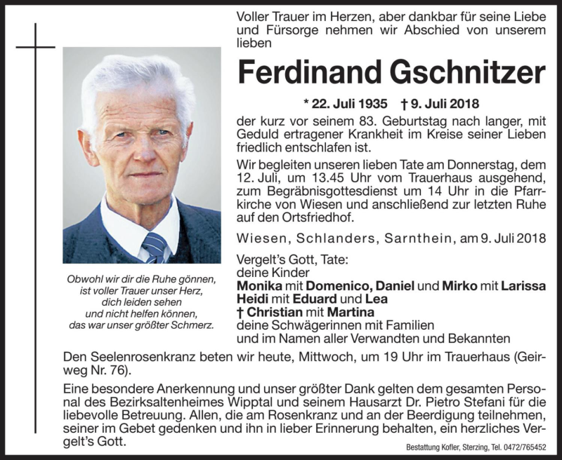  Traueranzeige für Ferdinand Gschnitzer vom 11.07.2018 aus Dolomiten