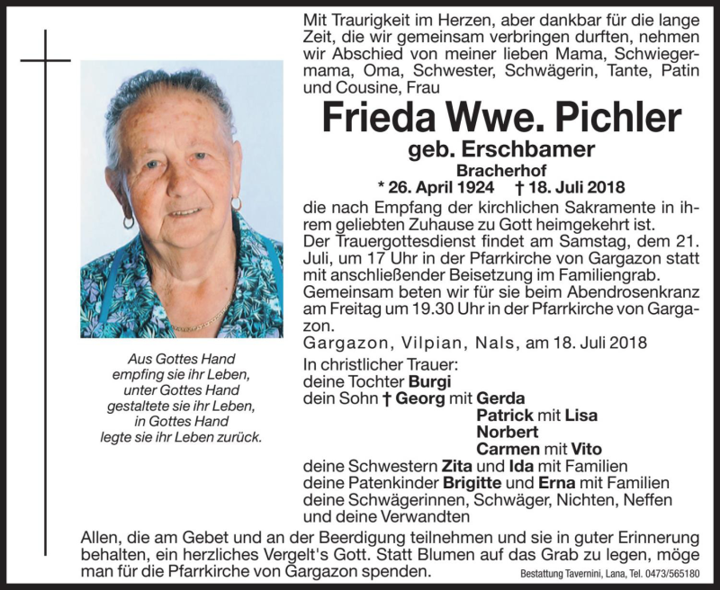  Traueranzeige für Frieda Pichler vom 20.07.2018 aus Dolomiten