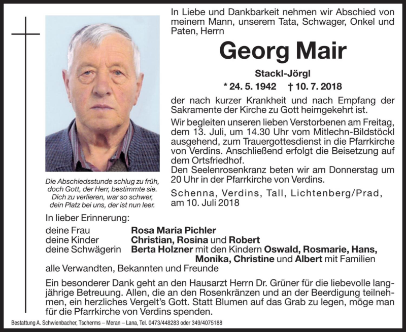  Traueranzeige für Georg Mair vom 12.07.2018 aus Dolomiten