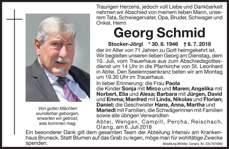  Traueranzeige für Georg Schmid vom 09.07.2018 aus Dolomiten