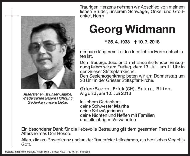  Traueranzeige für Georg Widmann vom 11.07.2018 aus Dolomiten