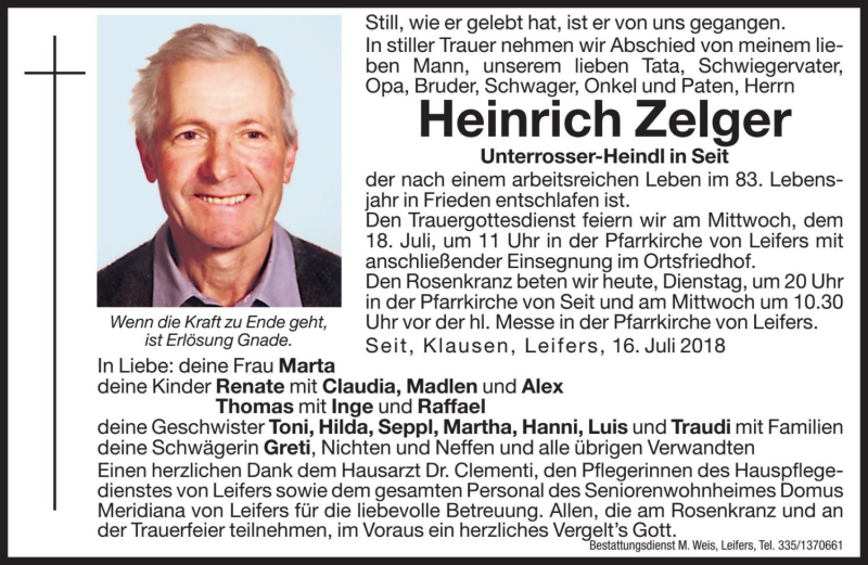  Traueranzeige für Heinrich Zelger vom 17.07.2018 aus Dolomiten