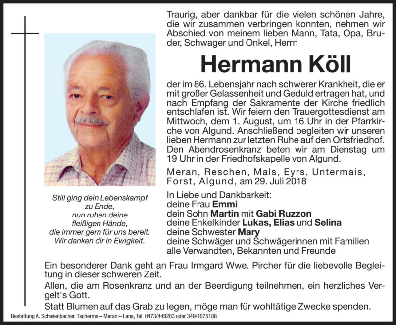  Traueranzeige für Hermann Köll vom 31.07.2018 aus Dolomiten