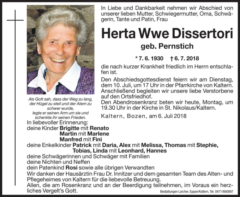  Traueranzeige für Herta Dissertori vom 09.07.2018 aus Dolomiten