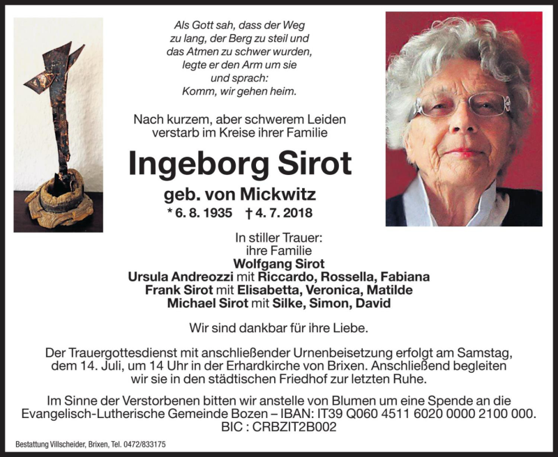  Traueranzeige für Ingeborg Sirot vom 11.07.2018 aus Dolomiten