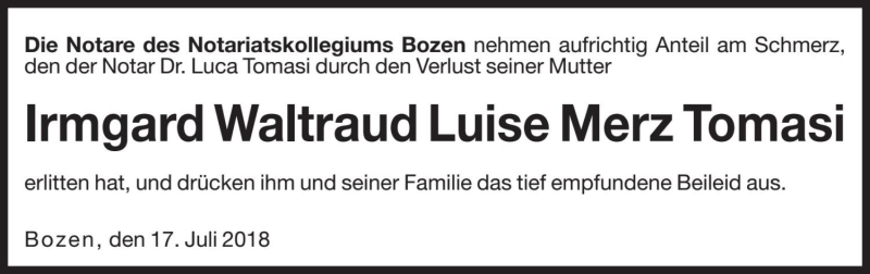  Traueranzeige für Irmgard Waltraud Luise Tomasi vom 18.07.2018 aus Dolomiten