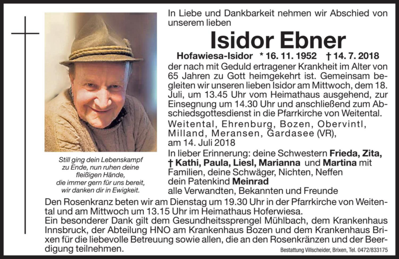  Traueranzeige für Isidor Ebner vom 17.07.2018 aus Dolomiten