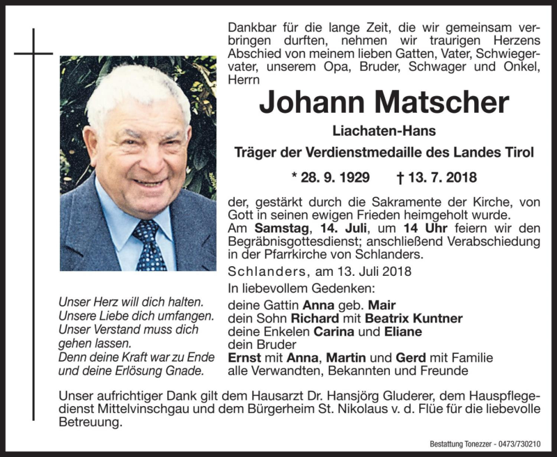 Traueranzeige für Johann Matscher vom 14.07.2018 aus Dolomiten