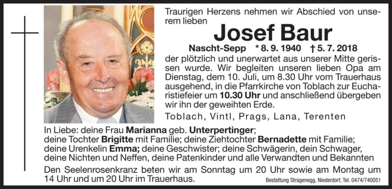  Traueranzeige für Josef Baur vom 07.07.2018 aus Dolomiten