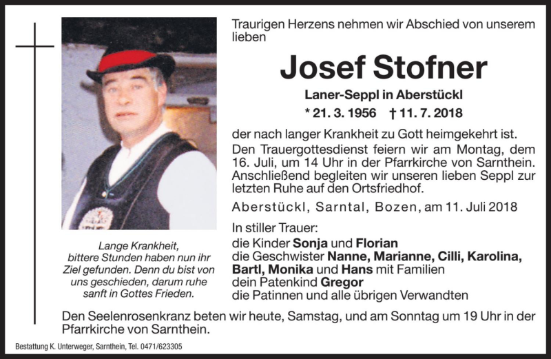  Traueranzeige für Josef Stofner vom 14.07.2018 aus Dolomiten