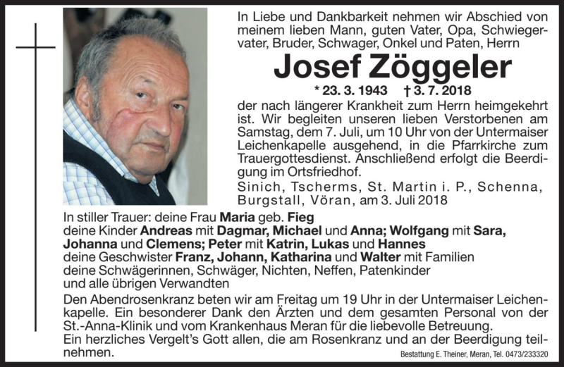  Traueranzeige für Josef Zöggeler vom 05.07.2018 aus Dolomiten