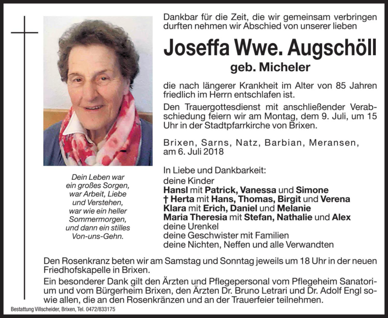  Traueranzeige für Joseffa Augschöll vom 07.07.2018 aus Dolomiten