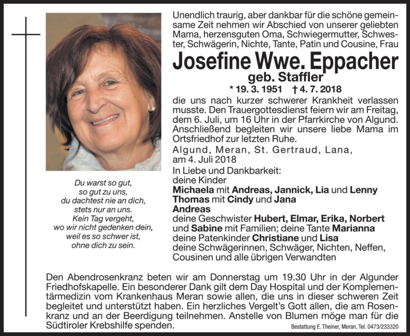  Traueranzeige für Josefine Eppacher vom 05.07.2018 aus Dolomiten