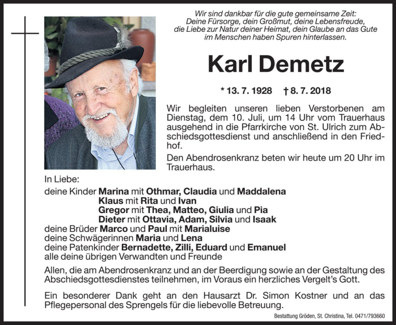  Traueranzeige für Karl Demetz vom 09.07.2018 aus Dolomiten