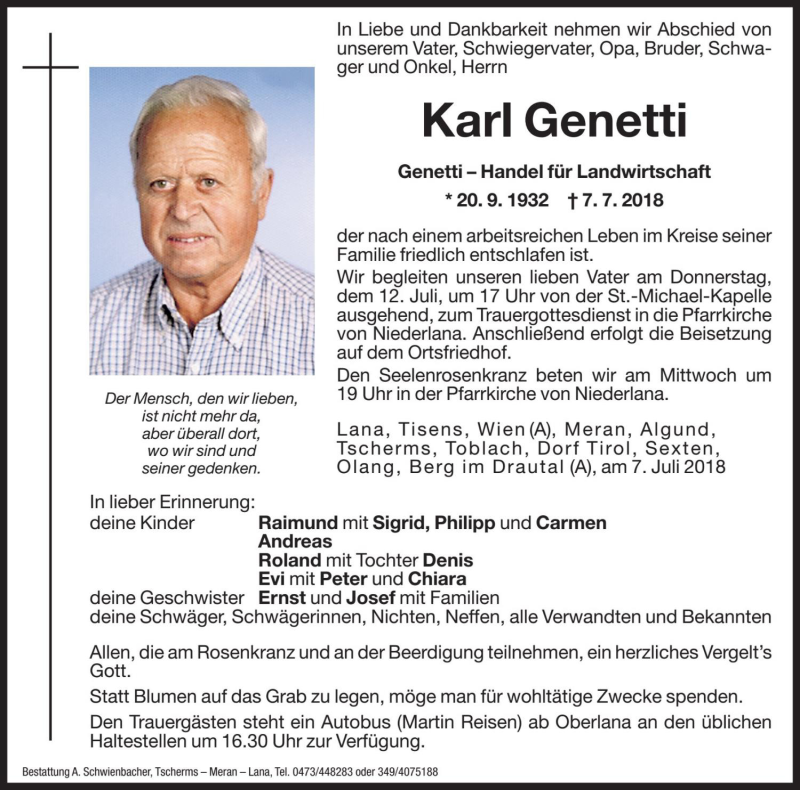  Traueranzeige für Karl Genetti vom 10.07.2018 aus Dolomiten