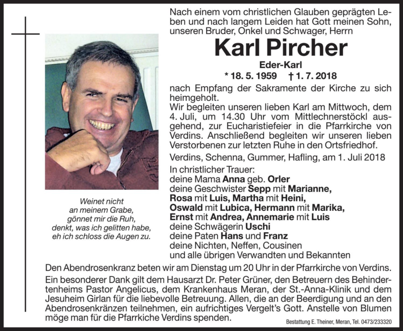  Traueranzeige für Karl Pircher vom 03.07.2018 aus Dolomiten