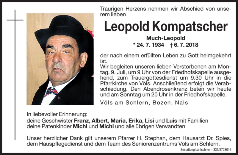  Traueranzeige für Leopold Kompatscher vom 07.07.2018 aus Dolomiten