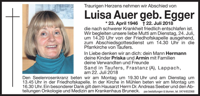  Traueranzeige für Luisa Auer vom 23.07.2018 aus Dolomiten