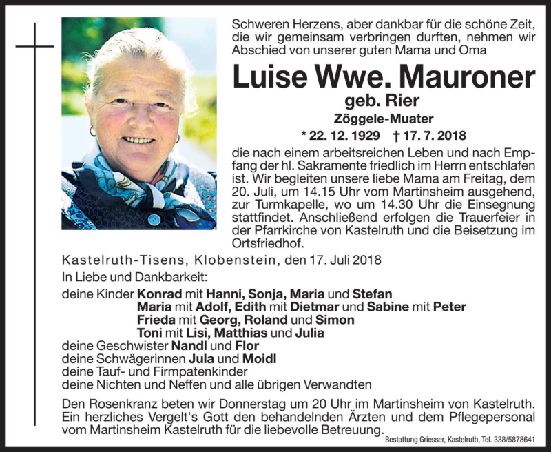  Traueranzeige für Luise Mauroner vom 19.07.2018 aus Dolomiten