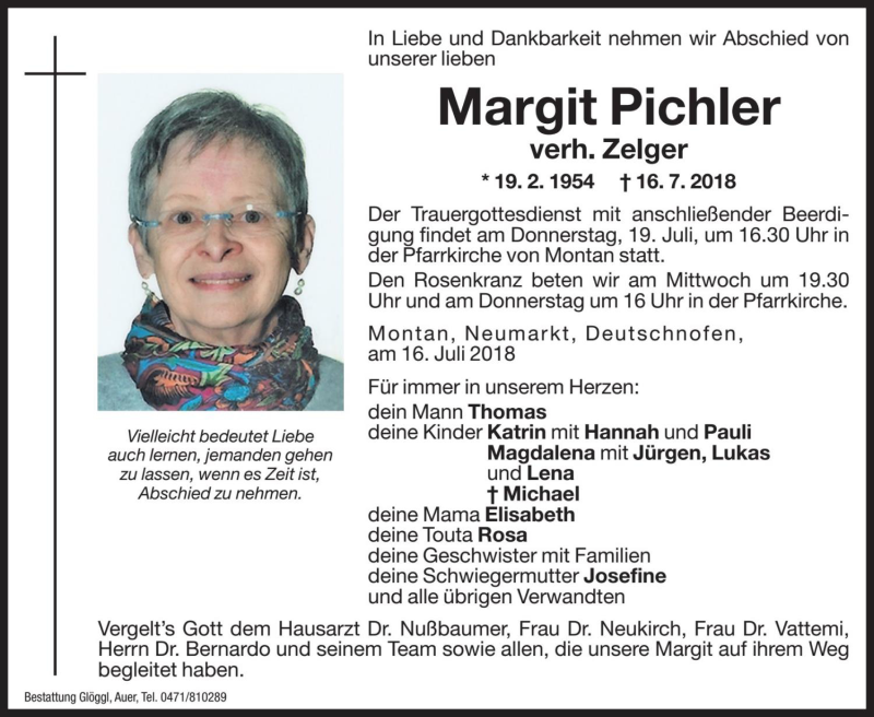  Traueranzeige für Margit Zelger vom 18.07.2018 aus Dolomiten