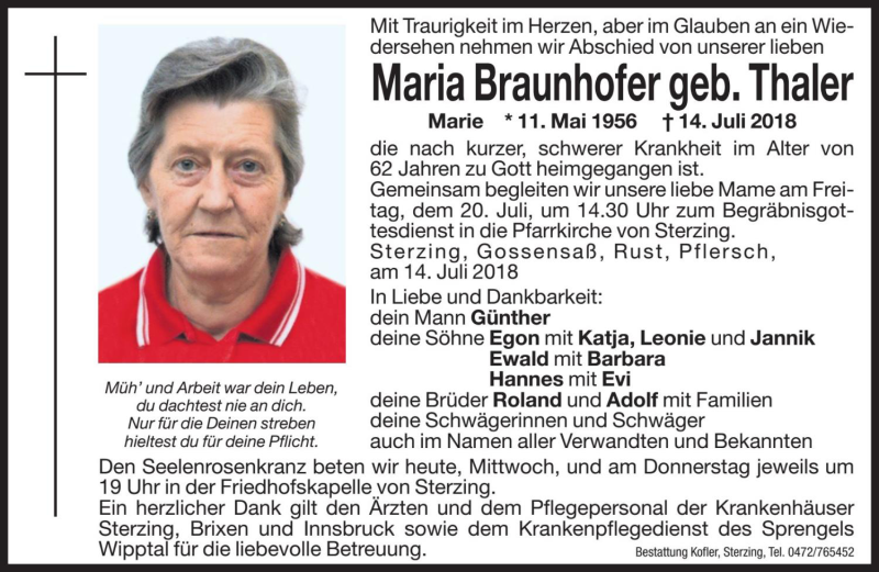  Traueranzeige für Maria Braunhofer vom 18.07.2018 aus Dolomiten