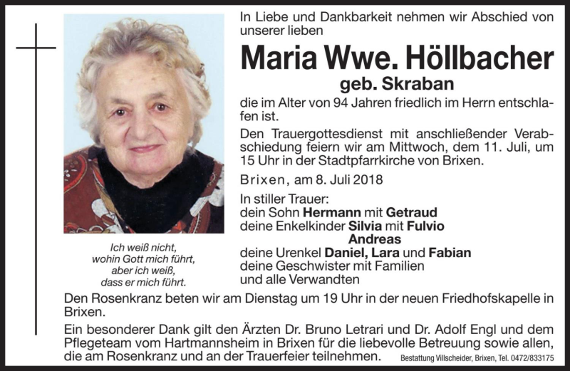  Traueranzeige für Maria Höllbacher vom 10.07.2018 aus Dolomiten