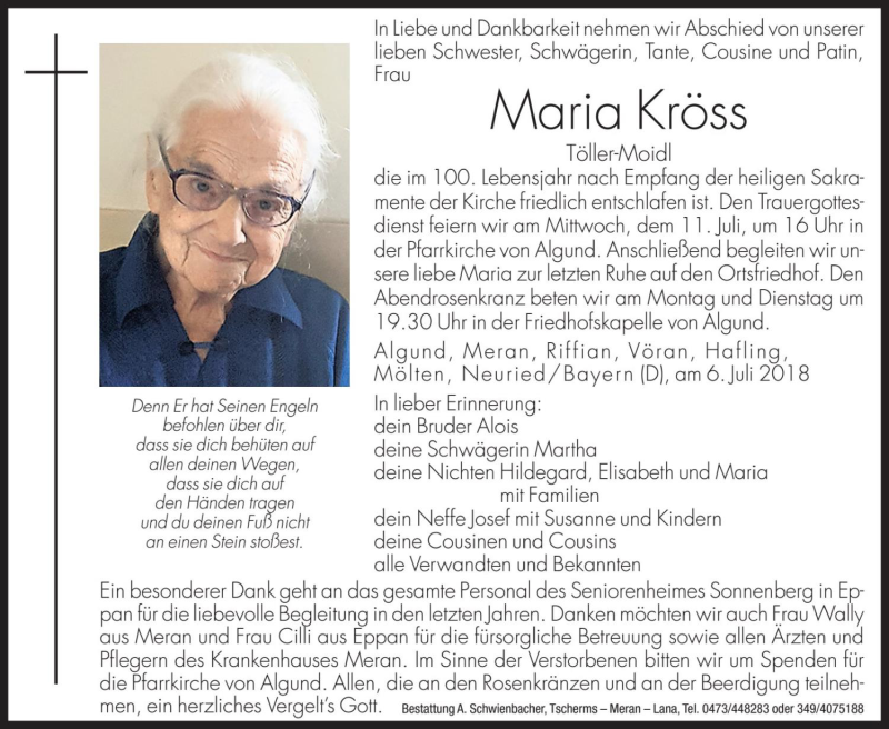  Traueranzeige für Maria Kröss vom 09.07.2018 aus Dolomiten